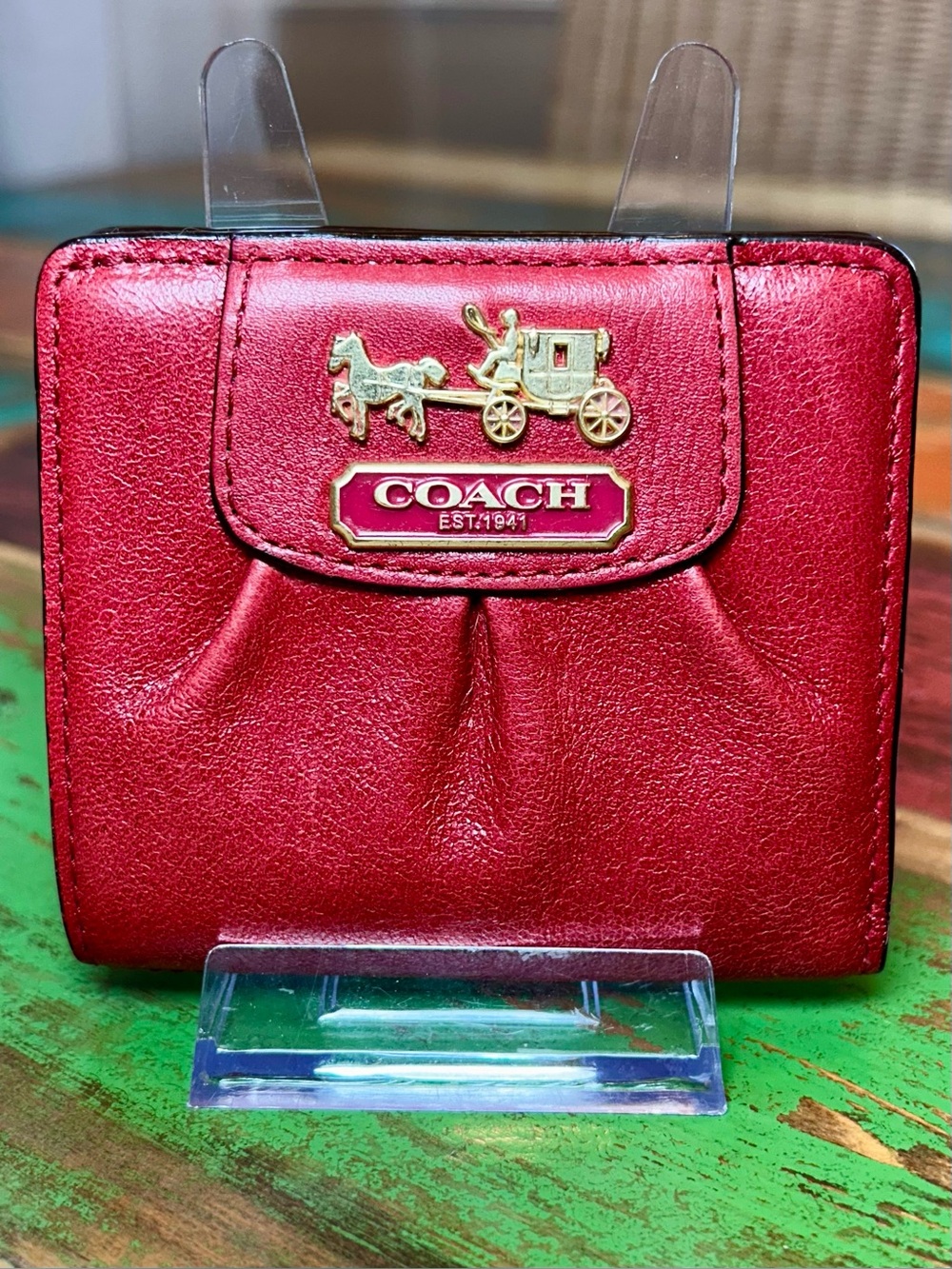 Coach Madison Cherry Red Pleated Bifold Wallet Leather Horse Carriage Retired